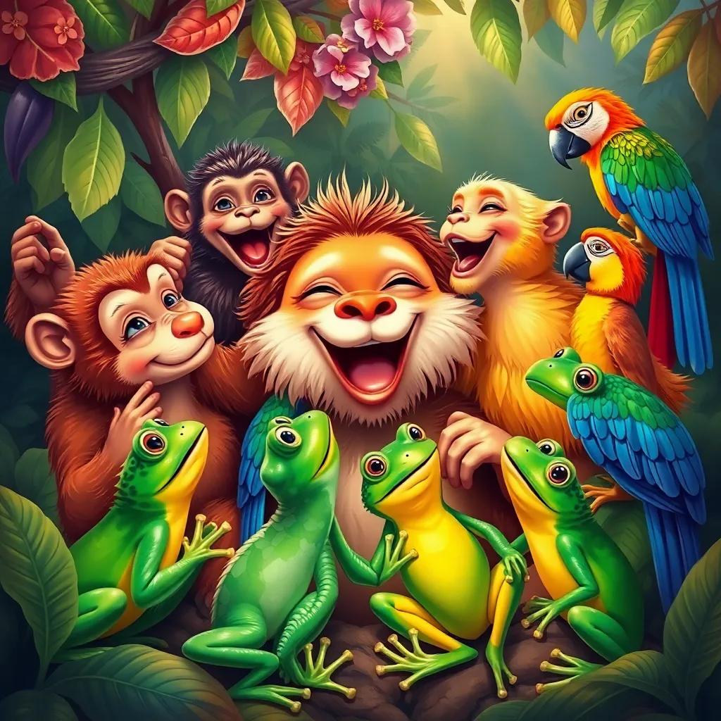 A vibrant scene of friends making Leo laugh, with monkeys, parrots, and frogs playing together, colorful, cheerful, fun, capturing joy, digital illustration, high quality
