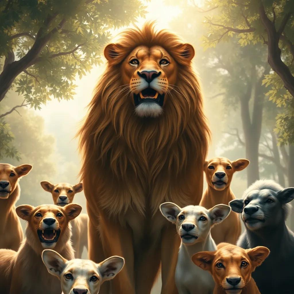A close-up of Leo standing tall, smiling and strong again, surrounded by happy animals, bright sunlight filtering through trees, expressive, energetic vibe, high quality