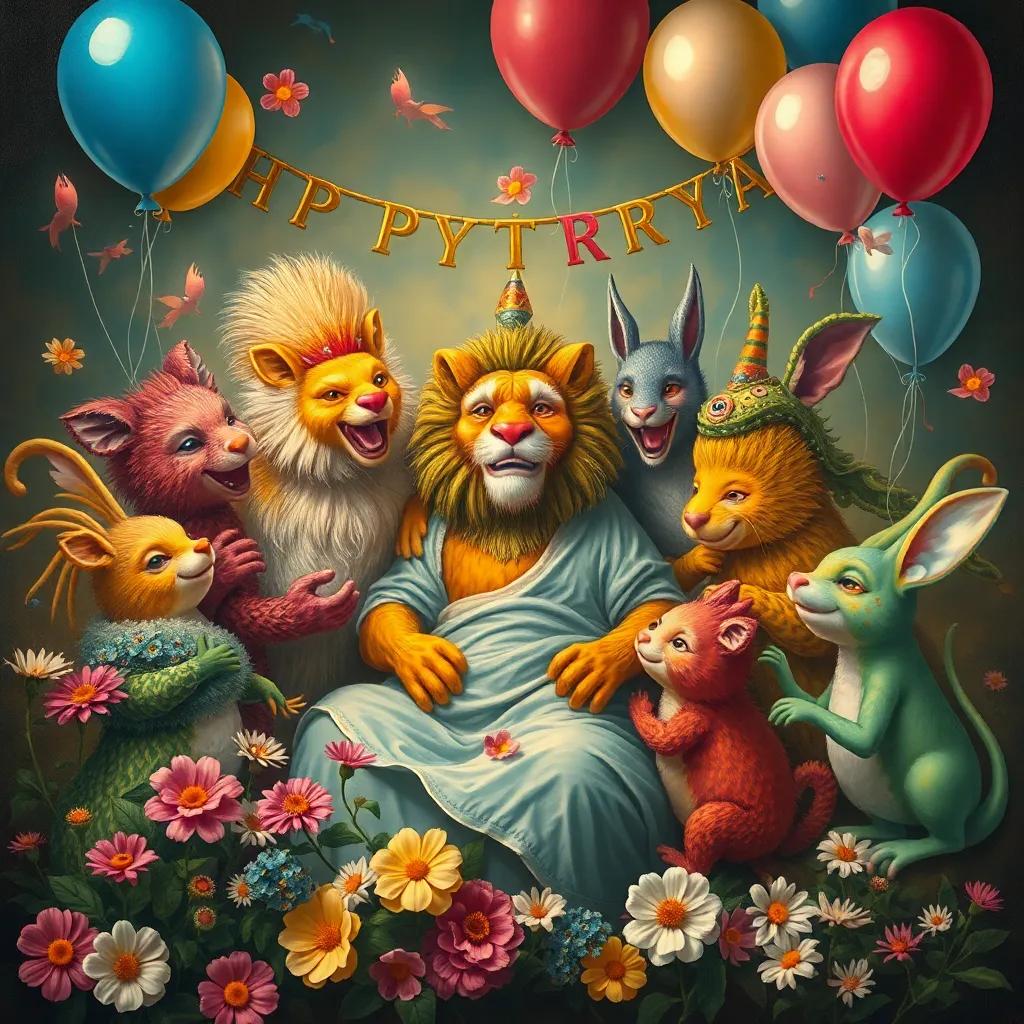 The joyful creatures gathered, celebrating Leo’s recovery, balloons and flowers around, a festive atmosphere, filled with color, happiness, high quality