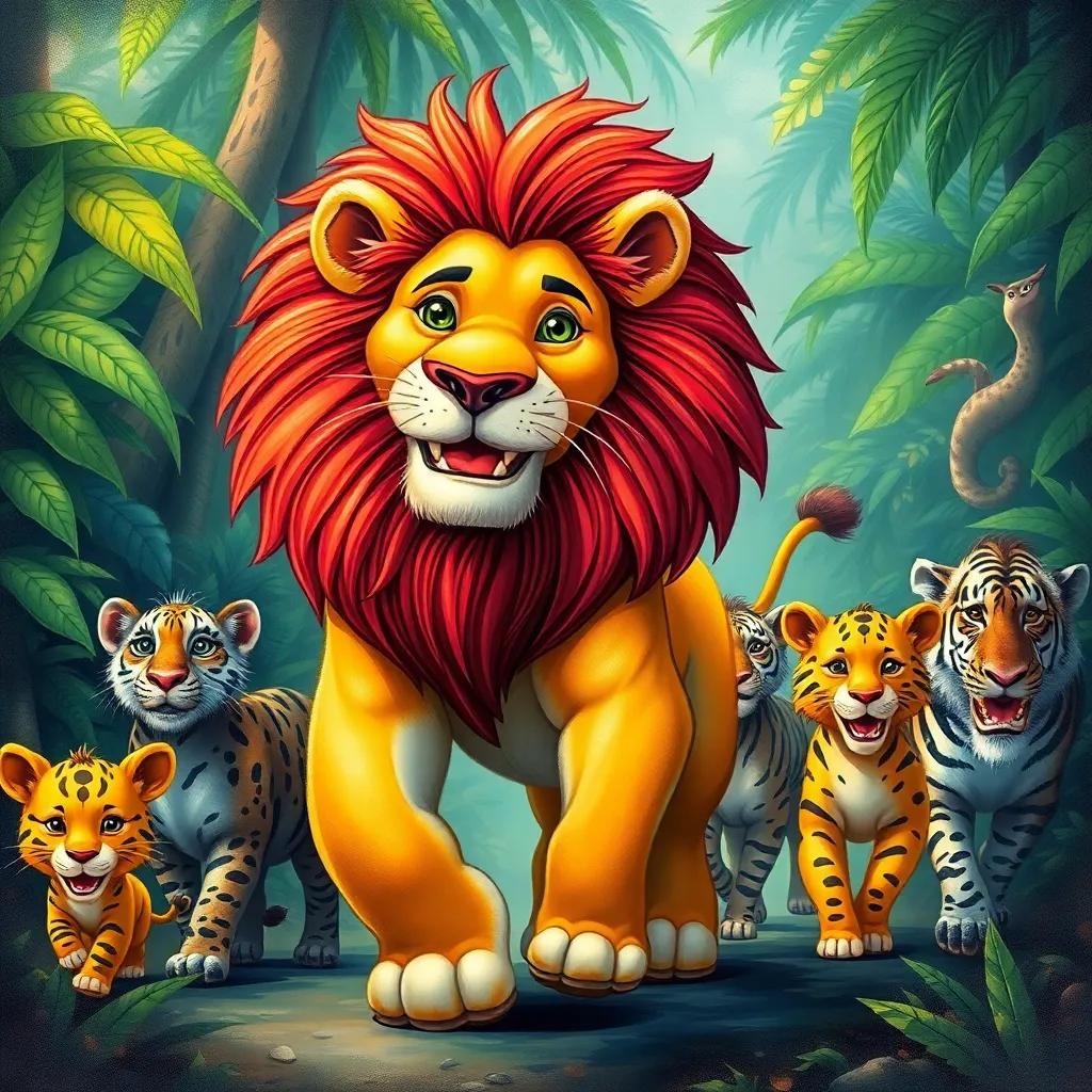 Leo the lion leading the jungle parade, animals following him with smiles, vibrant jungle backdrop, filled with life and energy, captivating illustration, high quality