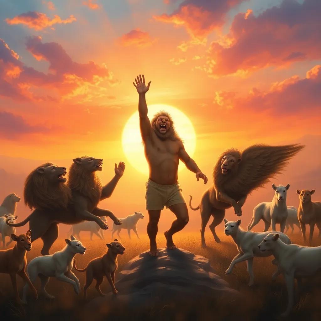 Leo raising his head high as the sun sets behind him, animals dancing joyfully, a sense of unity and love in the air, beautiful hues in the sky, epic scene, high quality