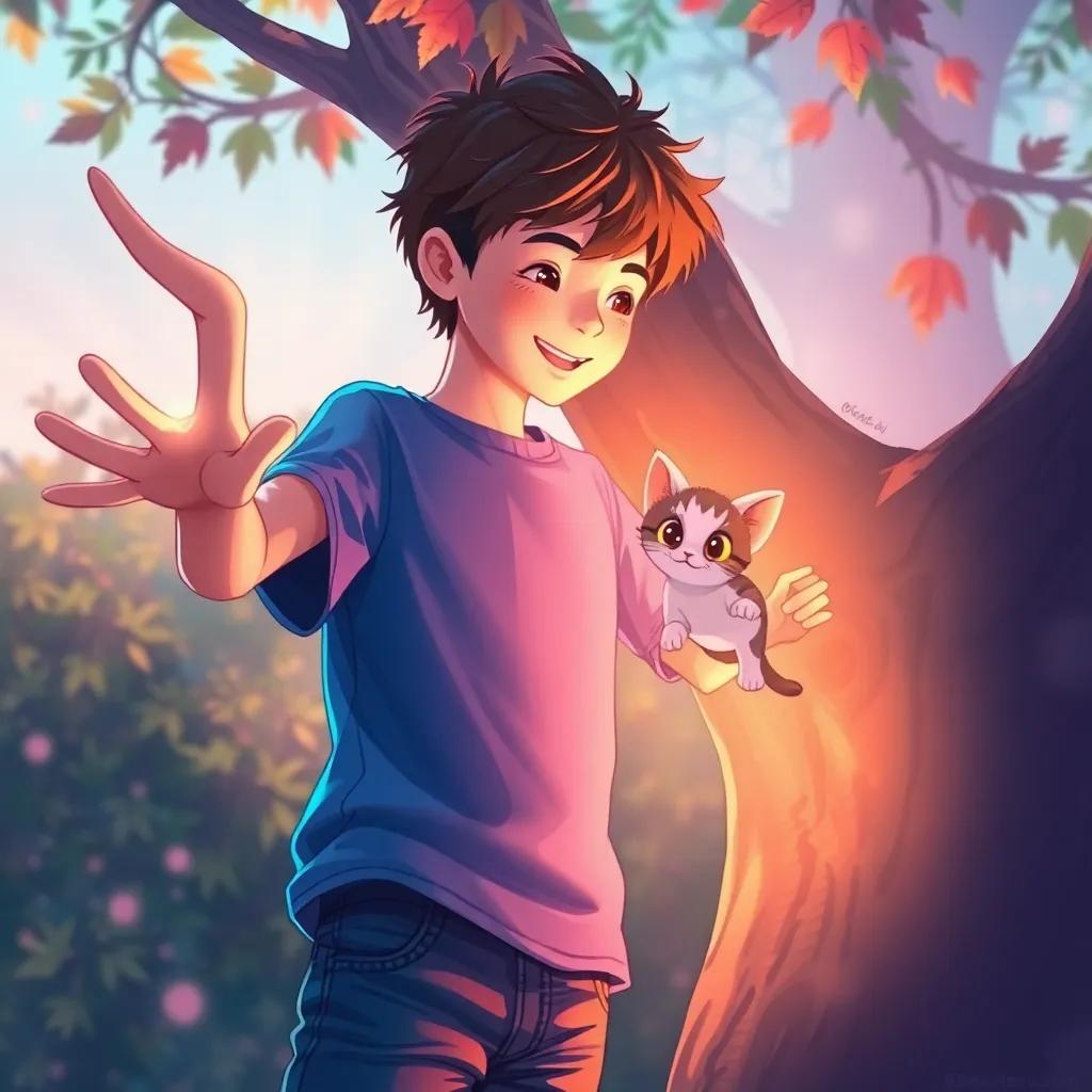 A teenage boy, Leo, with short brown hair in a blue t-shirt and jeans, using his powers to save a small kitten from a tree, the scene filled with a glowing light, colorful leaves, cheerful environment, heartwarming perspective, digital illustration, whimsical feel