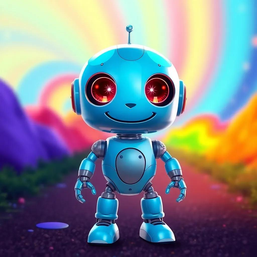 A shiny blue robot named Leo, with bright sparkling eyes, standing at the beginning of a colorful path, digital art, vibrant colors, cheerful atmosphere, high quality