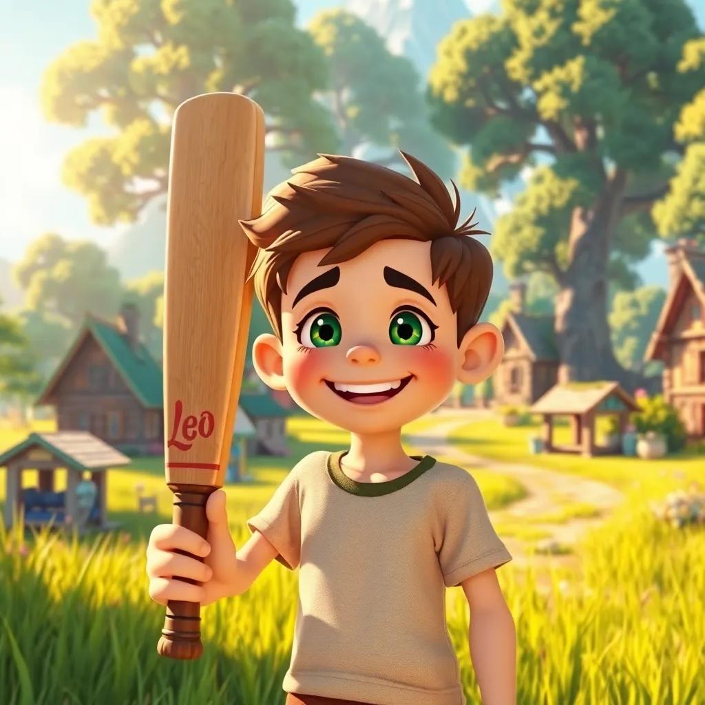 A cheerful boy, Leo, with bright eyes and a big smile, holding a cricket bat in a vibrant village called Emerald, surrounded by green grass and towering trees, digital art, colorful, warm sunlight, playful atmosphere, high quality
