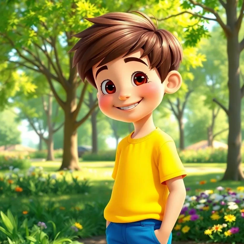 A young boy, Leo, with short brown hair wearing a bright yellow shirt and blue shorts, smiling and standing in a sunny park with green trees and flowers around him, cheerful atmosphere, colorful, vibrant