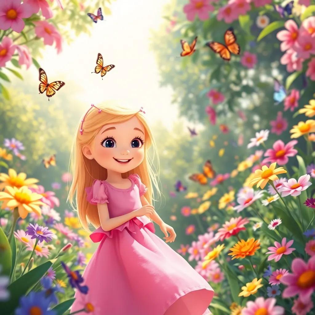 A young girl, Lily, with long blonde hair wearing a pink dress, playing in a magical garden filled with colorful flowers and butterflies, bright sunshine, joyful and enchanting scene, happy expressions, child-friendly