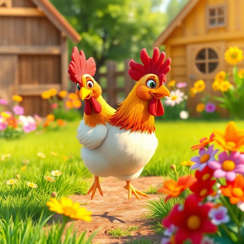 A joyful chicken named Chicken, brightly colored feathers, hopping happily in a sunny farmyard filled with green grass and colorful flowers, cheerful scene, digital art, vibrant colors, warm light, high quality