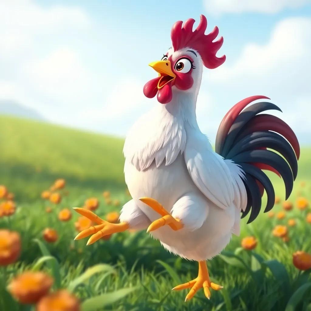 A beautiful hen named Naguette, with shiny feathers and a bright smile, looking amazed as Chicken performs a jump, surrounded by green fields, whimsical atmosphere, illustration, colorful, child-friendly