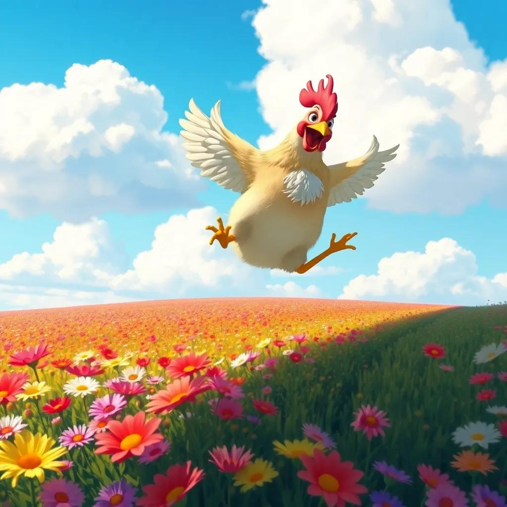 Chicken, happily jumping high in the air, surpassing flower fields while Naguette applauds below, bright blue sky and fluffy clouds, energetic scene, digital painting, cheerful colors, storytelling view