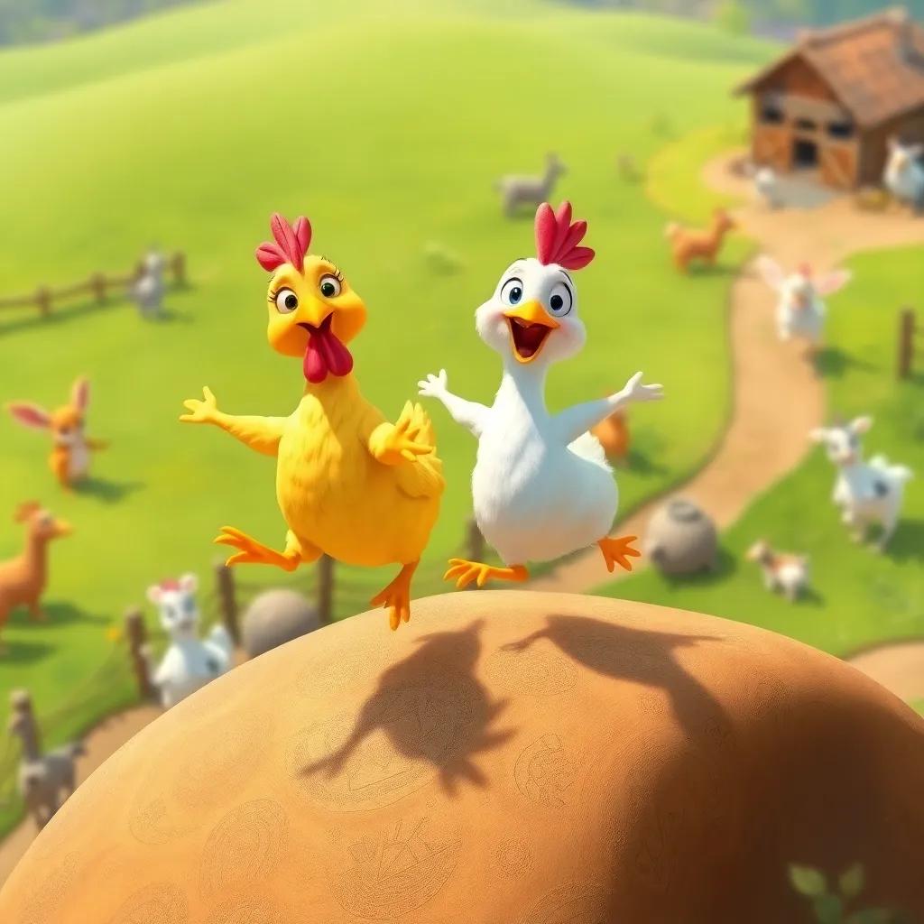 Chicken and Naguette exploring the farm together, jumping on hills with playful expressions, other farm animals dancing around, colorful and lively, child-friendly, vivid imagery