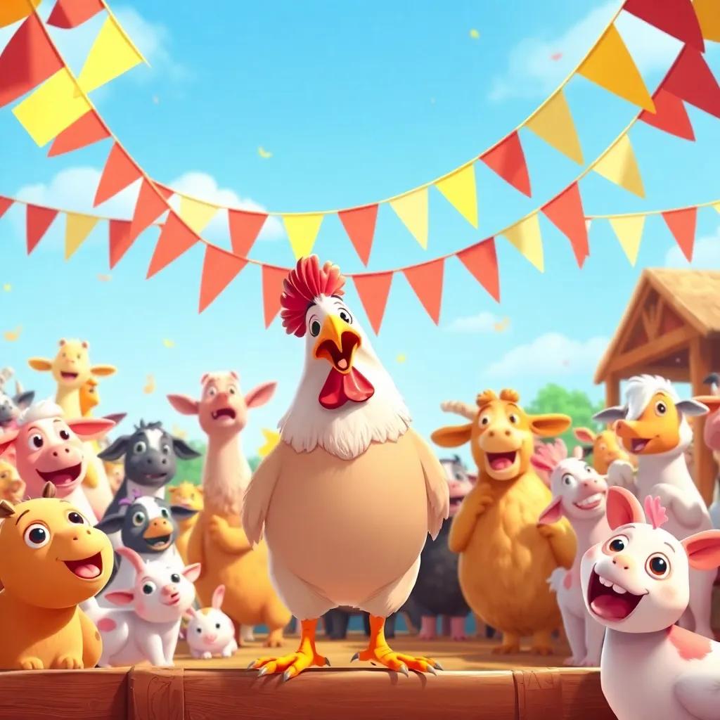 A friendly competition with all the farm animals gathered, Chicken and Naguette at the front, excitement in the air with banners and cheerful music, bright and festive atmosphere, illustration, joyful