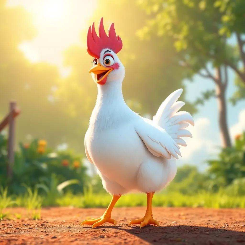 Chicken ready for the jump contest, looking determined with a sunny backdrop, lush greenery, anticipation in the air, child-friendly, vibrant colors