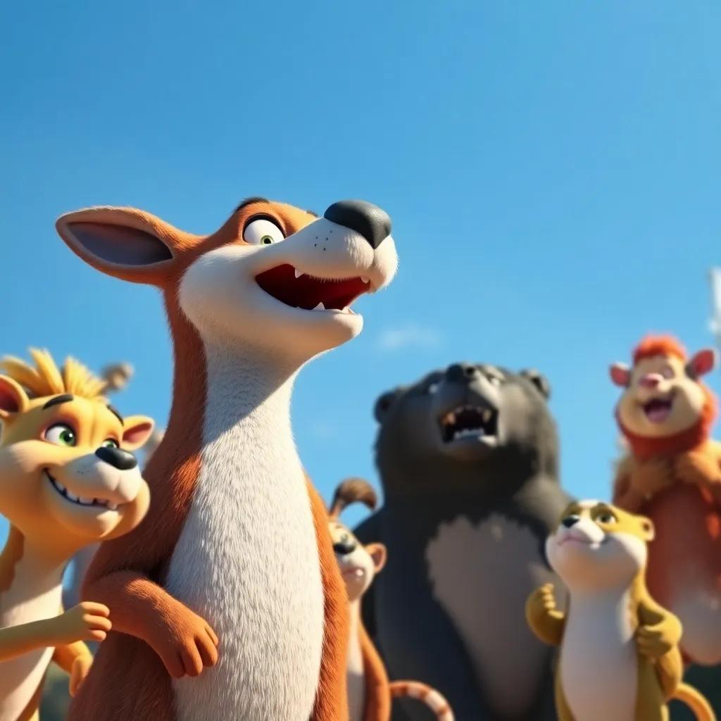 Naguette, taking a big breath and preparing to jump, all animals watching with excitement, a clear blue sky above, tension and joy combined, digital art, high quality