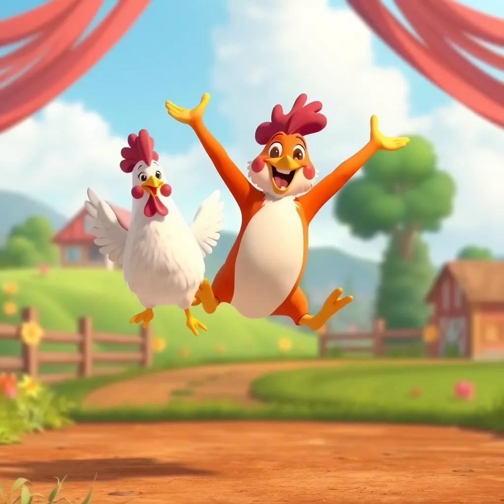 Naguette performing a beautiful jump, with Chicken cheering proudly, colorful farm scenery behind them, joyful celebration atmosphere, illustration, uplifting