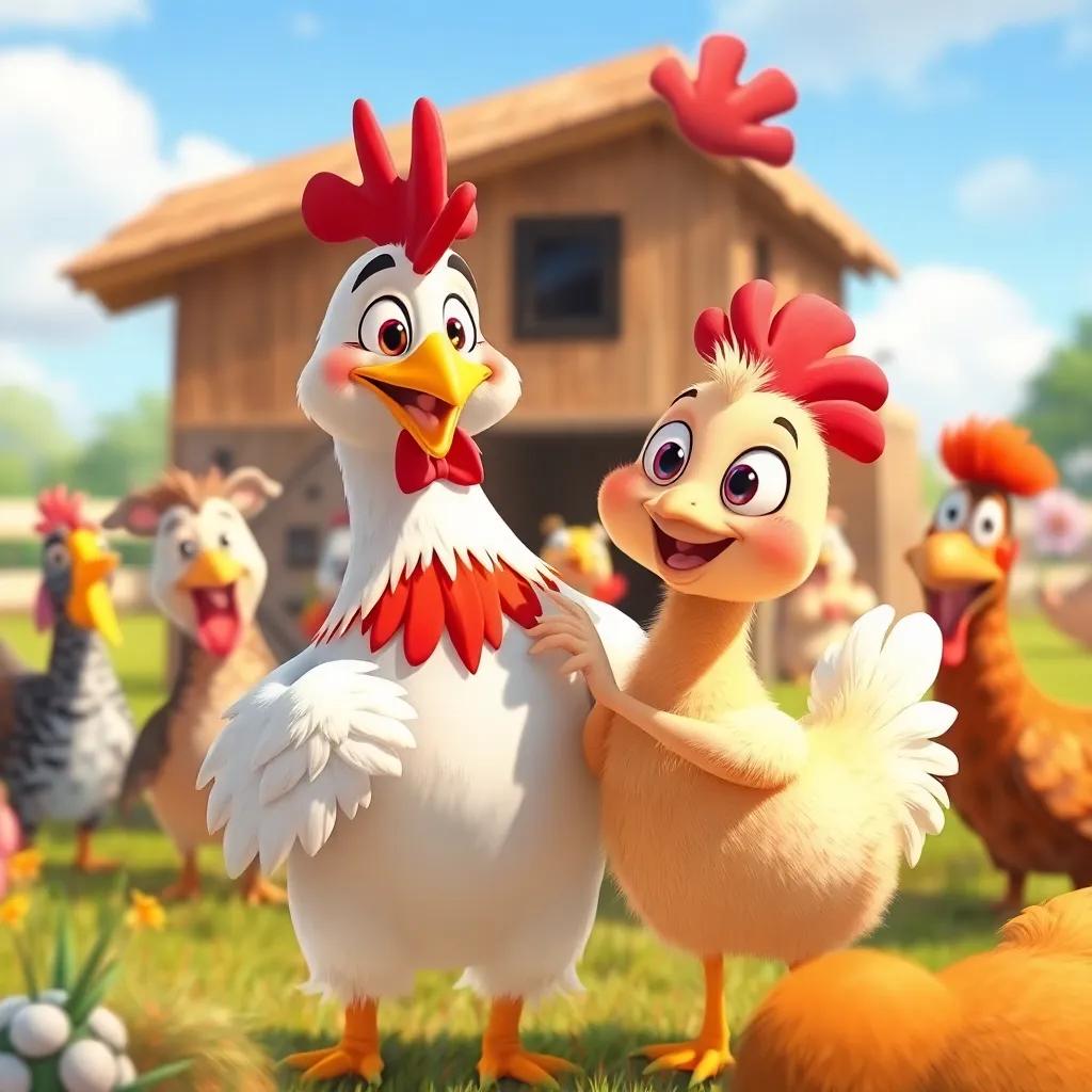 Chicken smiling proudly, congratulating Naguette after her jump, surrounded by all their friends at the farm, bright colors, warm and happy feeling, digital painting, high quality