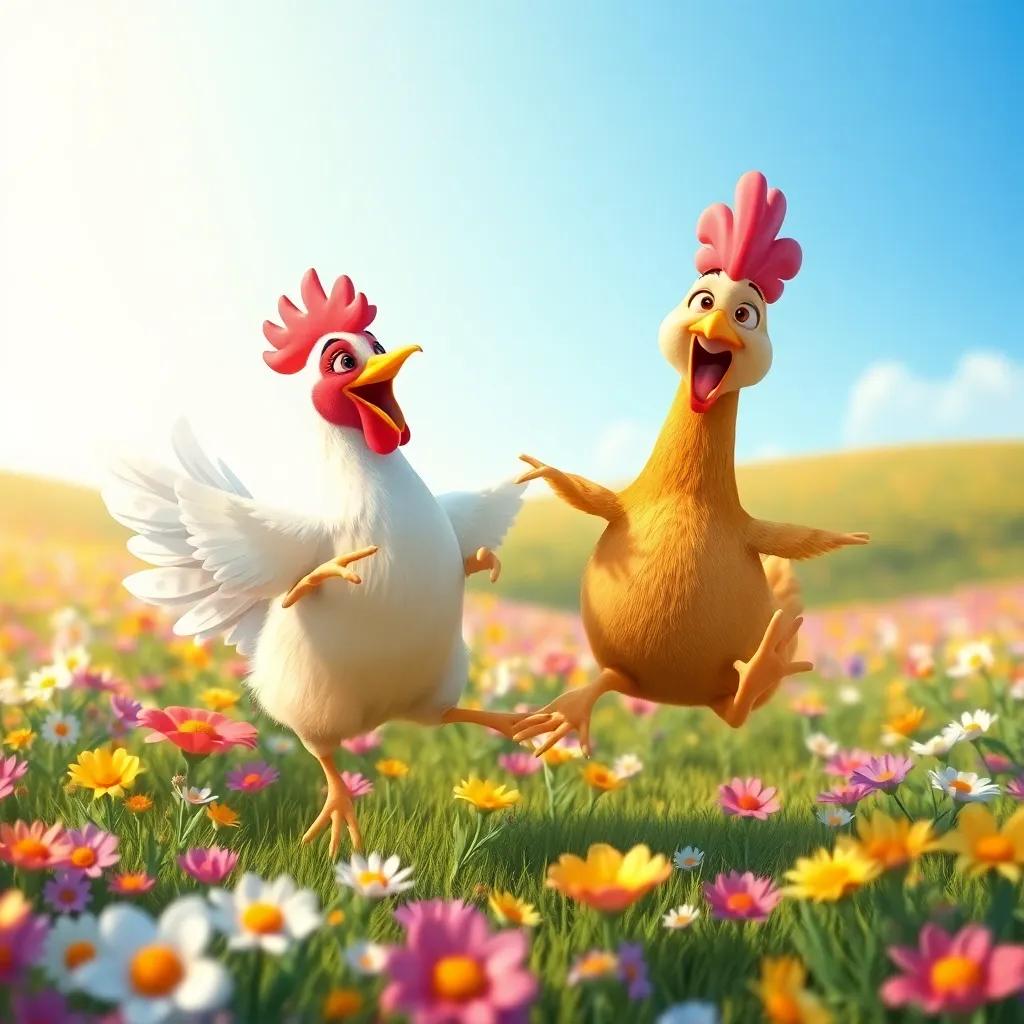 Chicken and Naguette, best friends, hopping together in a field of flowers, laughter and joy in the air, colorful landscape, child-friendly scene, vibrant colors