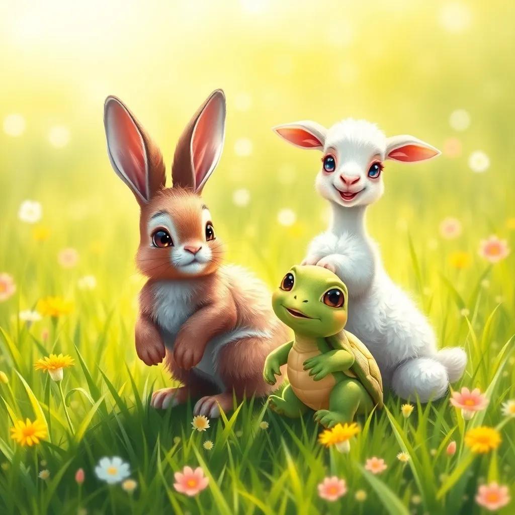 A bright green meadow with Benny the bunny, a small, brown bunny with big ears, Lila the lamb, a fluffy white lamb with a pink bow, and Tommy the turtle, a small green turtle with a happy smile, playing together in the warm sun, detailed digital art, cheerful colors, playful atmosphere, high quality