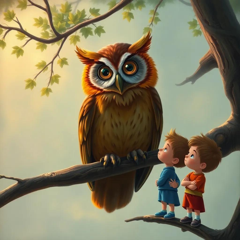 Ollie the wise owl, a large brown owl with wise, friendly eyes, perched on a sturdy tree branch, looking down at Benny, Lila, and Tommy who are listening intently, soft evening light, warm colors, calm and thoughtful atmosphere, high quality