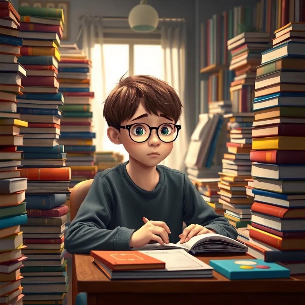 A young boy, Leunam, with short brown hair and wearing glasses, sitting at a cluttered desk surrounded by towering stacks of colorful books, looking frustrated as he stares at a blank page, digital art, warm lighting, a cozy room filled with books, inviting atmosphere, high quality