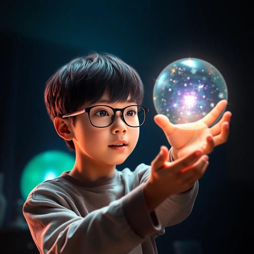 Leunam, a young boy, with short brown hair and wearing glasses, reaching out to touch a dazzling glowing orb that floats in the air, his eyes wide with wonder, in a darkened room illuminated by the orb's ethereal light, digital art, vibrant colors, magical atmosphere, high quality