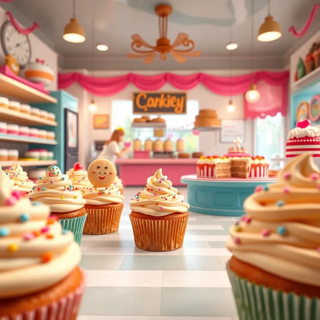 Inside the bakery, cupcakes with sprinkles and dancing cookies in a colorful setting, large display of cakes and pies, whimsical style, vibrant colors, inviting, close-up view, fun and magical ambiance, charming