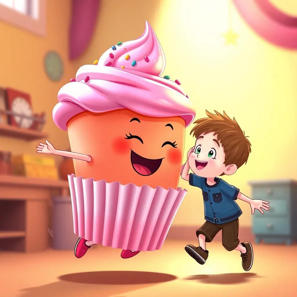 A cupcake named Cupy, with pink frosting and sprinkles on her head, jumping happily towards Liam, who looks surprised and delighted, detailed illustration, warm light, colorful backdrop, friendly atmosphere, engaging