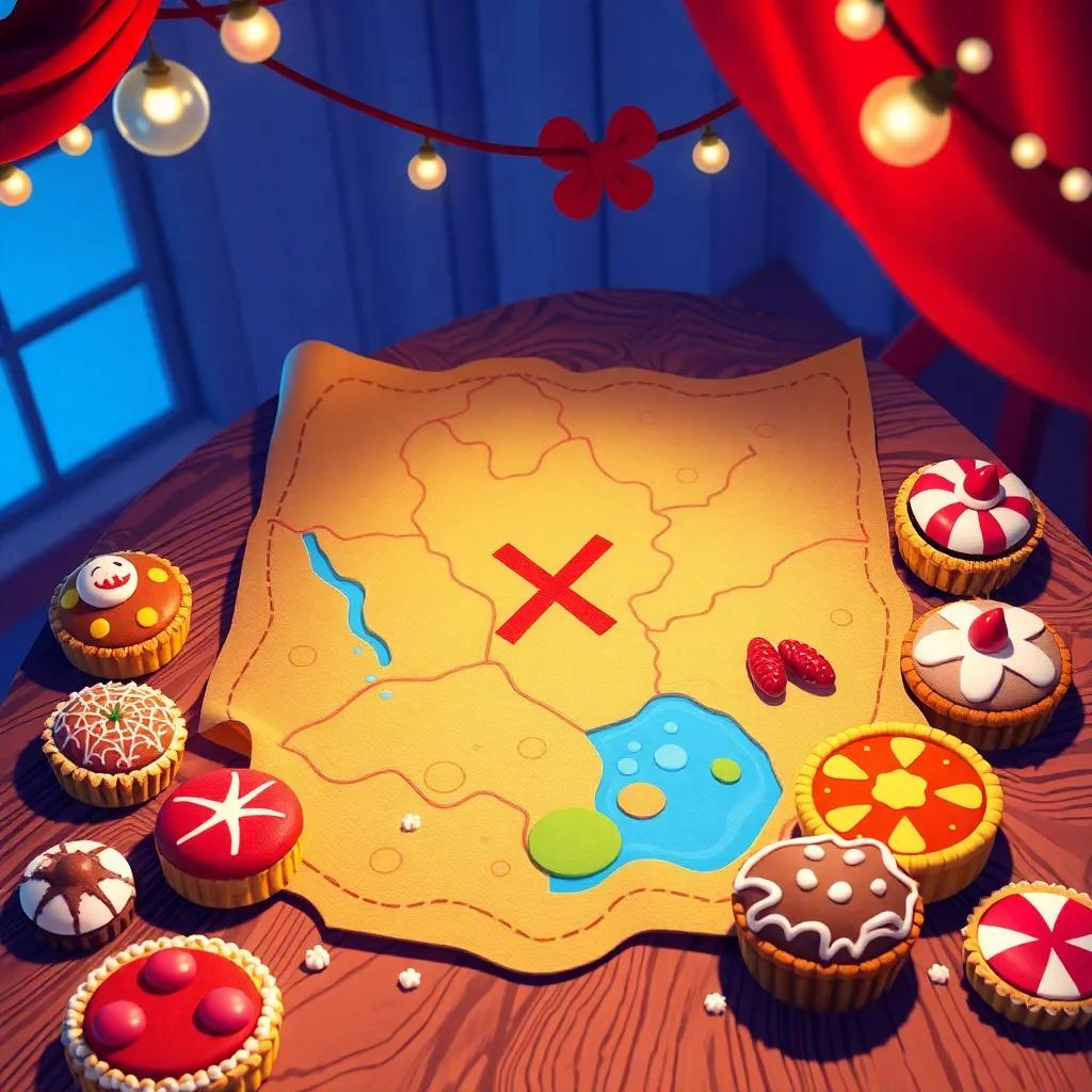 A magical candy map on a wooden table with a red X marked, surrounded by cheerful treats including cookies and pies gathering around, rich colors, enchanting style, bright and cheerful, storytelling view, captivating