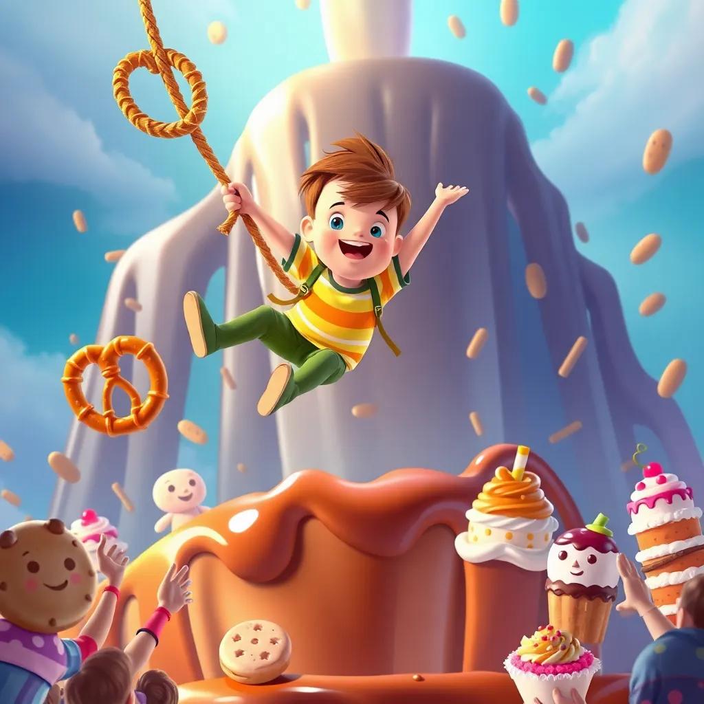 Liam swinging over a giant chocolate fountain with a pretzel rope, cookies and cakes cheering below, a fun and whimsical scene, vibrant colors, adventurous atmosphere, illustrated style, playful composition