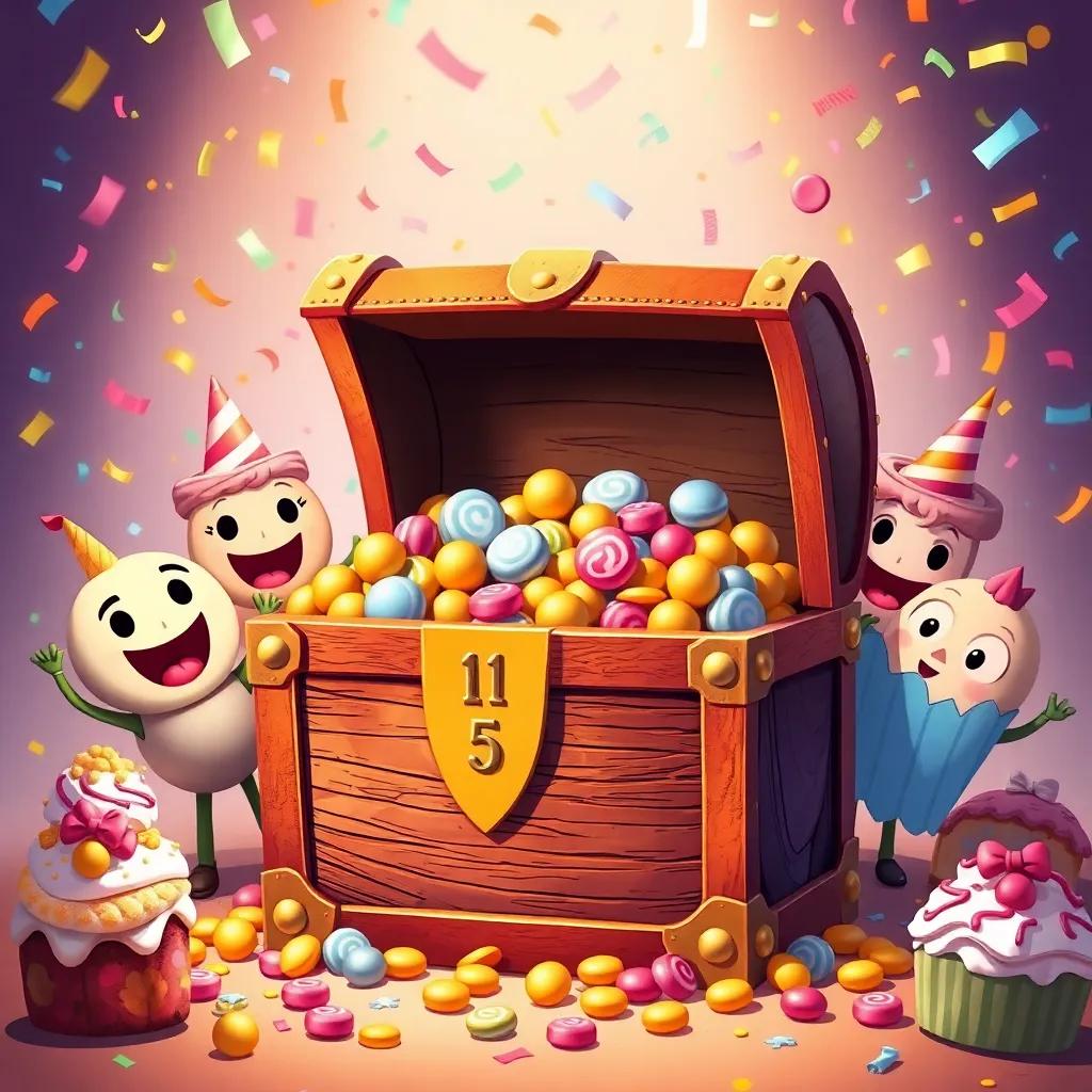 A treasure chest filled with gold and silver candies, surrounded by Liam and the cheerful bakery treats celebrating joyfully, colorful confetti in the air, festive atmosphere, high-quality illustration, heartwarming