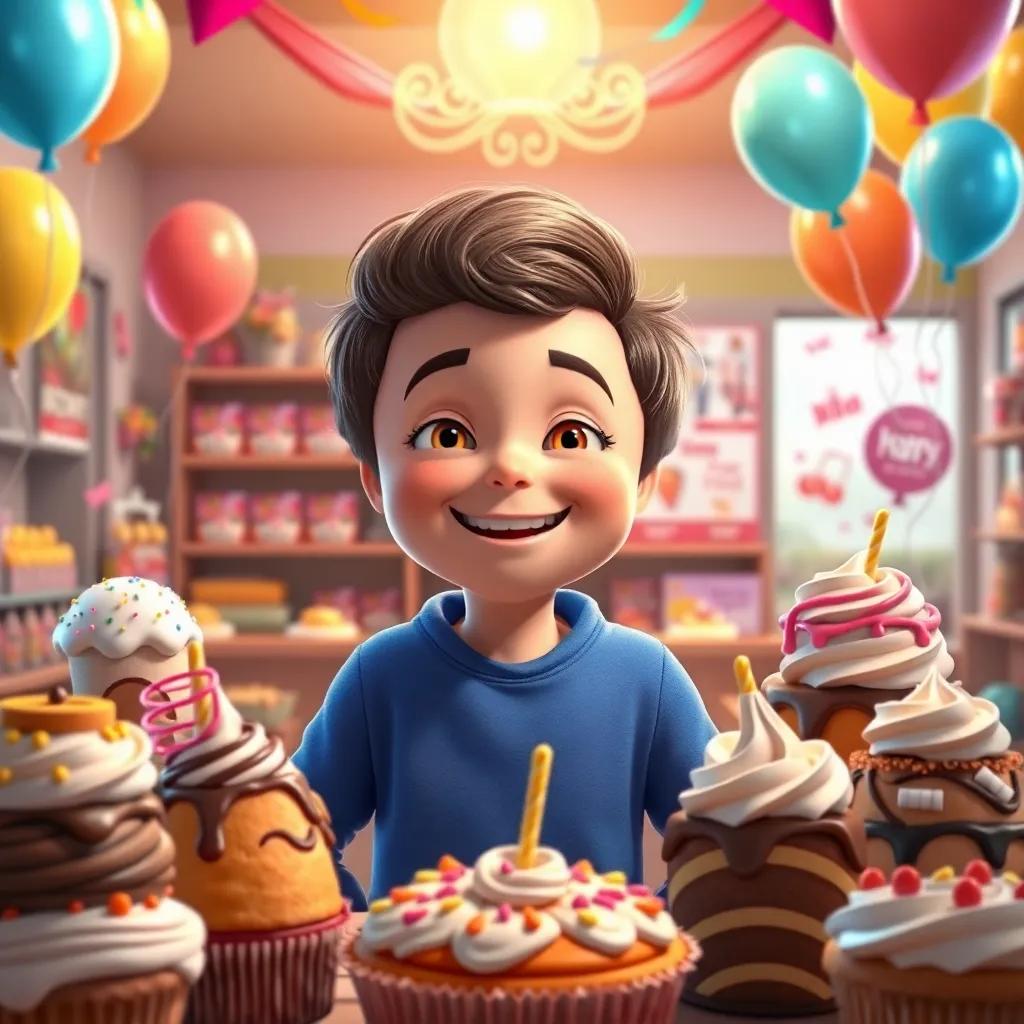 Liam, with happy treats surrounding him, celebrating with a sweet party inside the bakery, balloons, and decorations around, joyful expressions, rich colors, festive, engaging view, joyous celebration