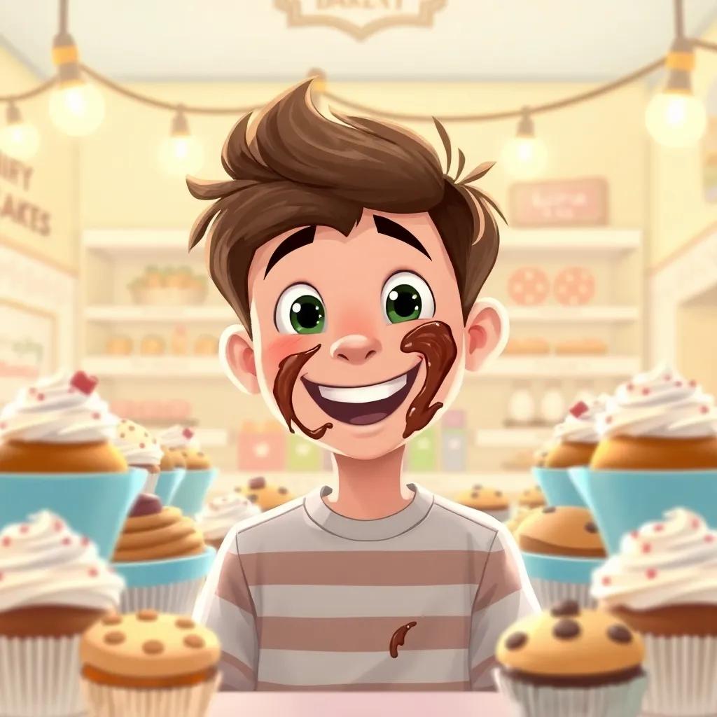 Liam smiling with chocolate smeared on his face, surrounded by happy cupcakes and cookies, under twinkling lights inside the bakery, warm and inviting atmosphere, cheerful illustration, fun spirit