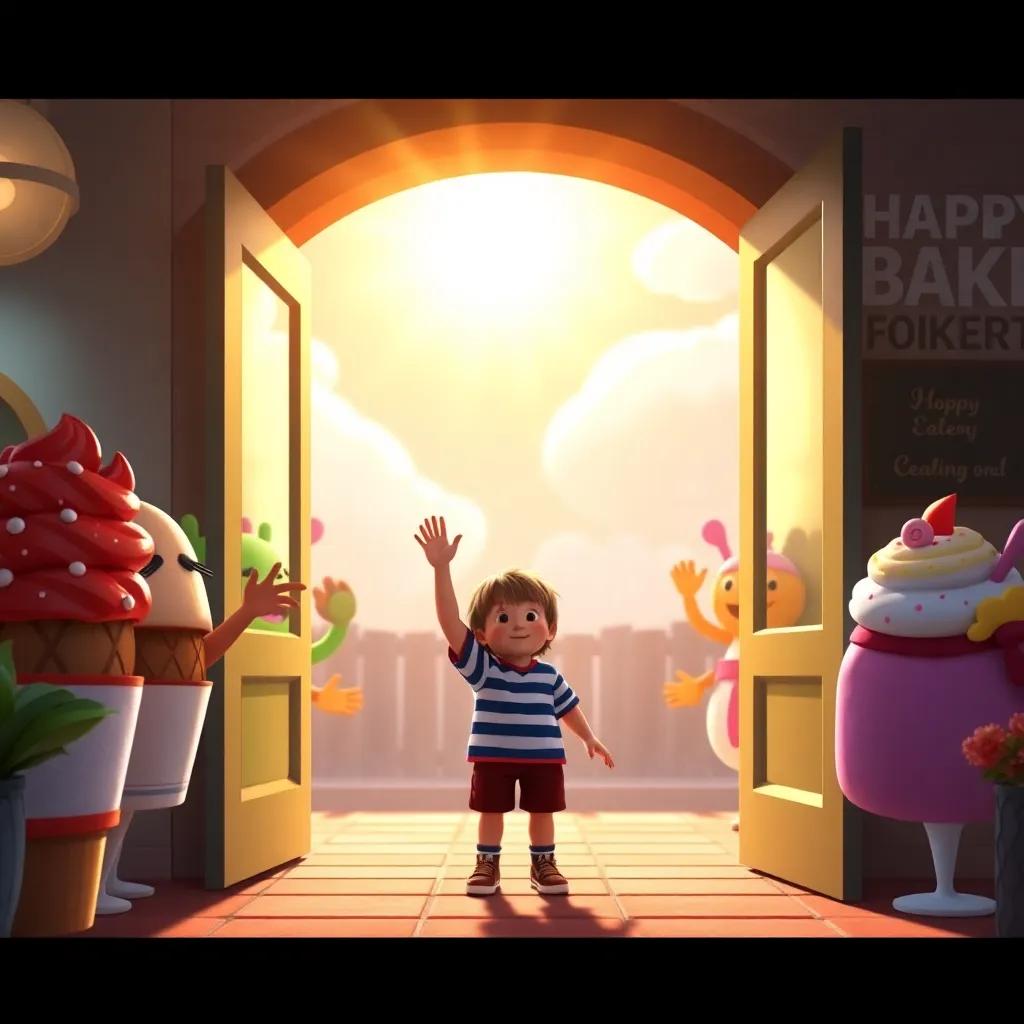 Liam waving goodbye to his new friends at the bakery entrance, the sun shining down, colorful treats waving back, heartwarming scene, bright colors, emotional, memorable