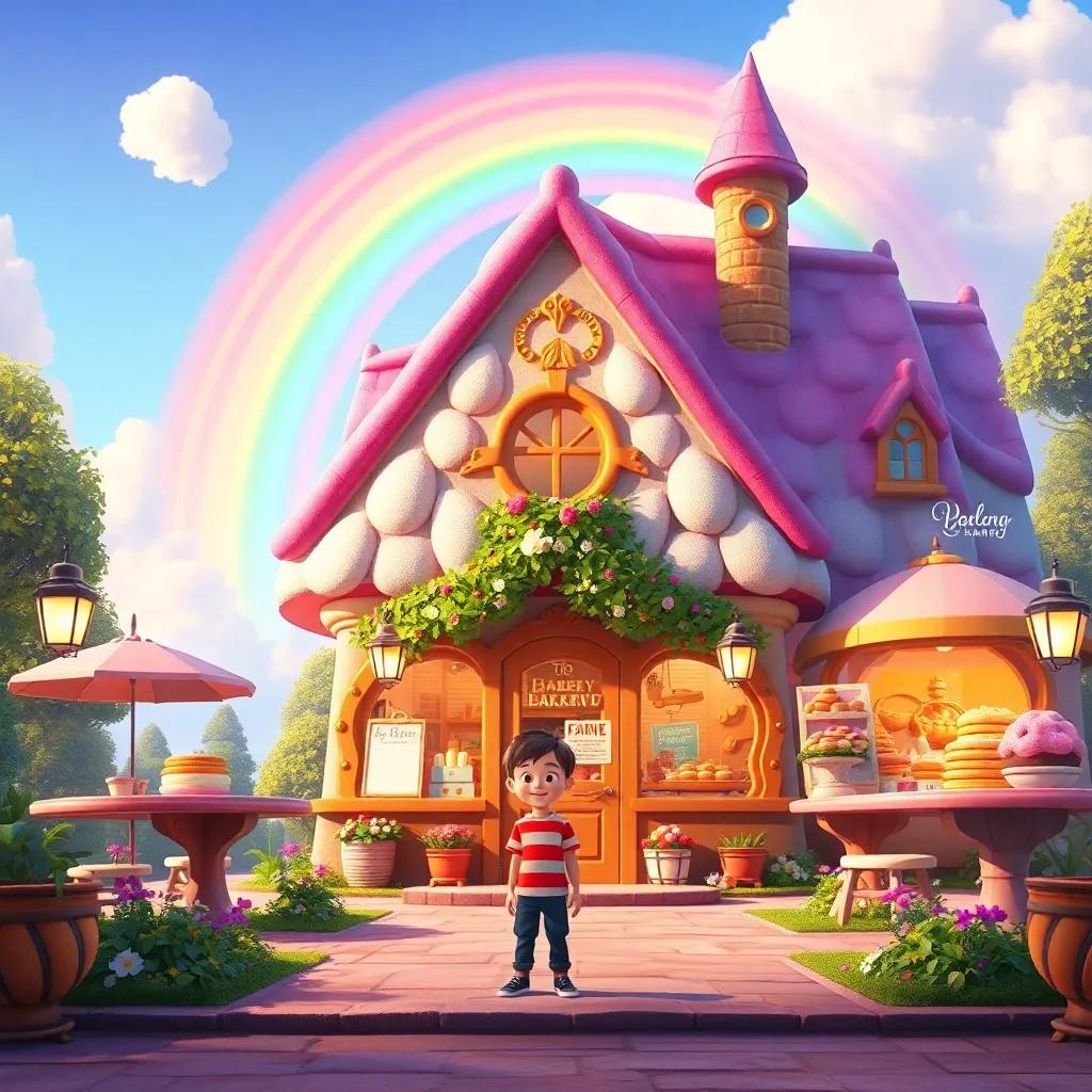 A magical bakery viewed from the outside, with a rainbow in the sky above it, Liam standing happily in front, capturing the enchanting atmosphere, vivid colors, whimsical, dreamlike perspective, magical