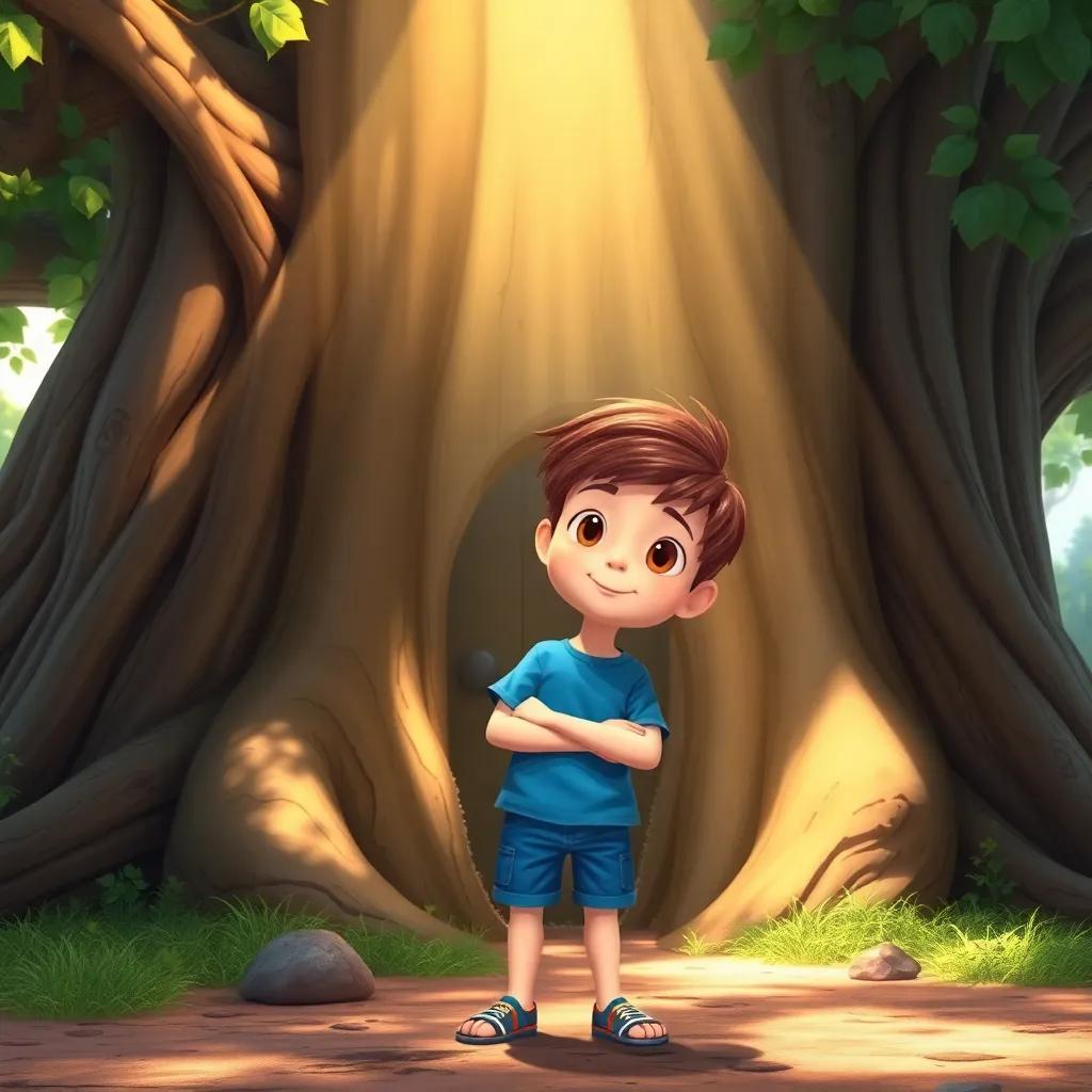 A curious young boy, Liam, with short brown hair wearing a blue t-shirt and shorts, standing in front of a large, old tree with a hidden door in its bark, sunlight filtering through the leaves, whimsical atmosphere, vibrant colors, child-friendly illustration