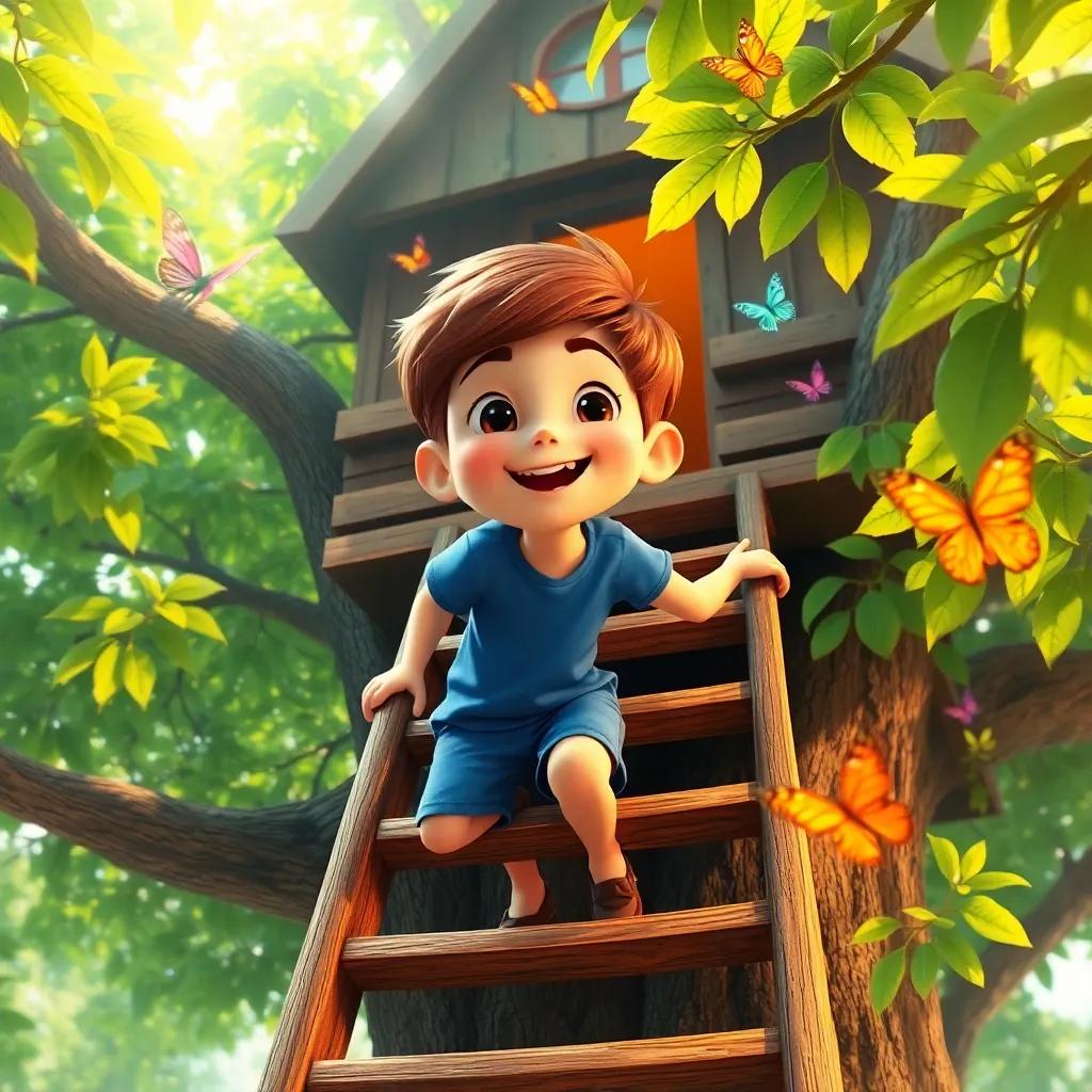 Liam, a curious young boy with short brown hair in a blue t-shirt and shorts, climbing up a wooden ladder to the treehouse, surrounded by bright green leaves and butterflies, enchanting warm light, joyful perspective, cheerful art