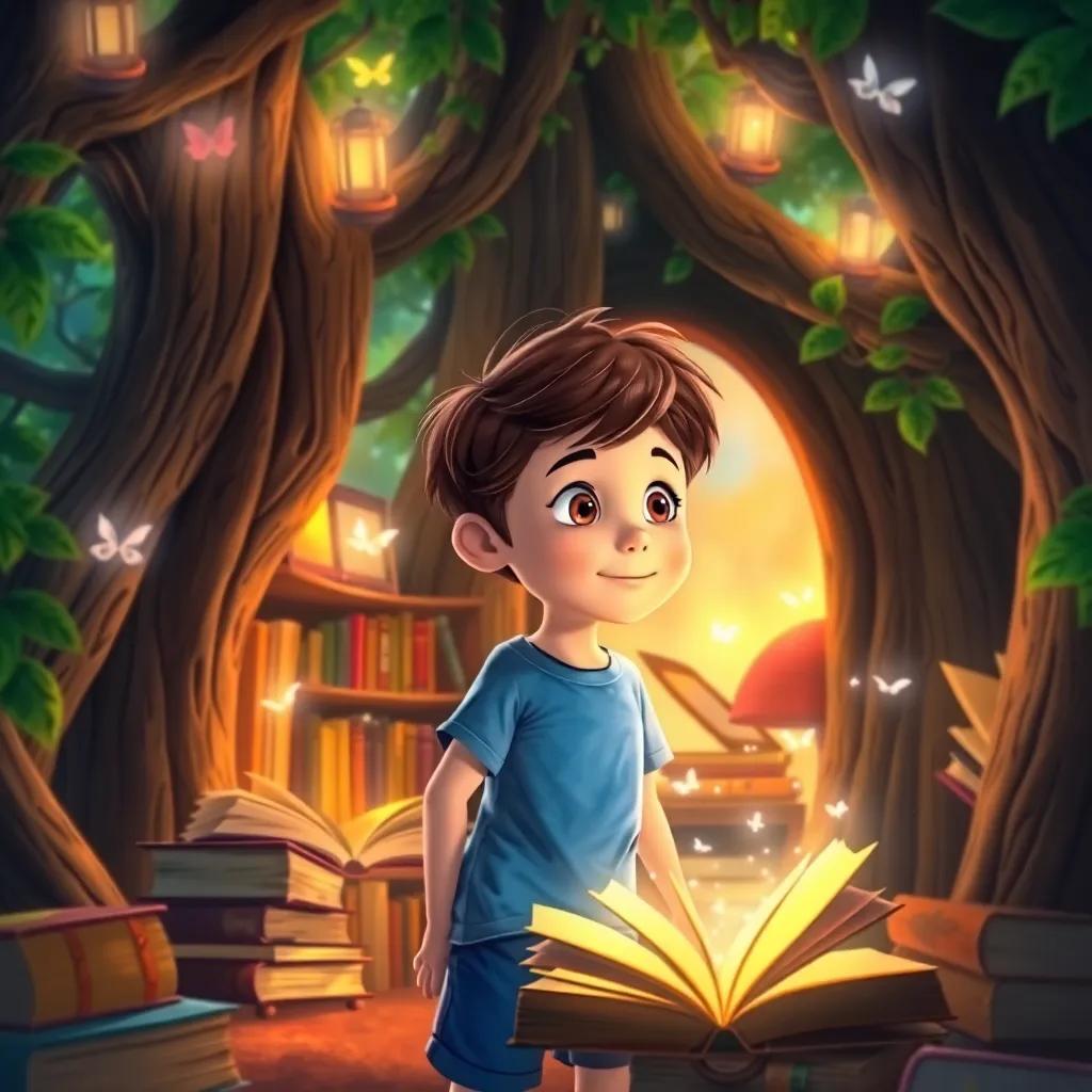Inside the treehouse filled with magical books glowing, Liam, a young boy with short brown hair wearing a blue t-shirt and shorts, looking in awe at the fluttering pages, rich colors, whimsical and inviting environment