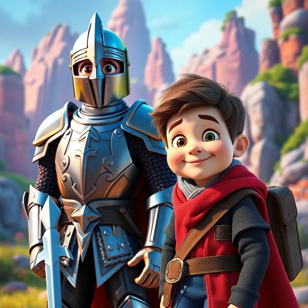 A brave knight in shining armor standing next to Liam, a young boy with short brown hair, smiling and ready for adventure in a fantasy landscape, vibrant colors, exciting and colorful background