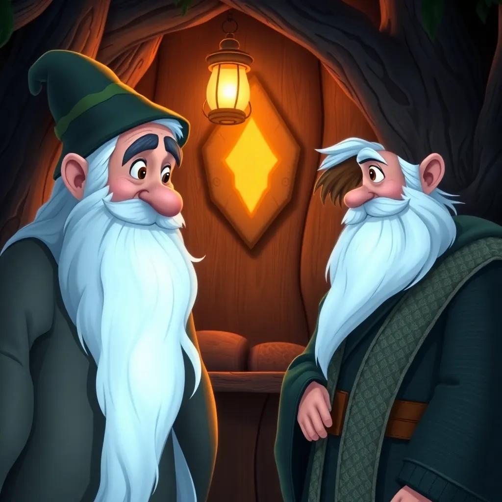 A wise old wizard with a long white beard and a kind smile, talking to Liam, a young boy with short brown hair, inside the treehouse, magical glow illuminating their faces, charming atmosphere, detailed artwork