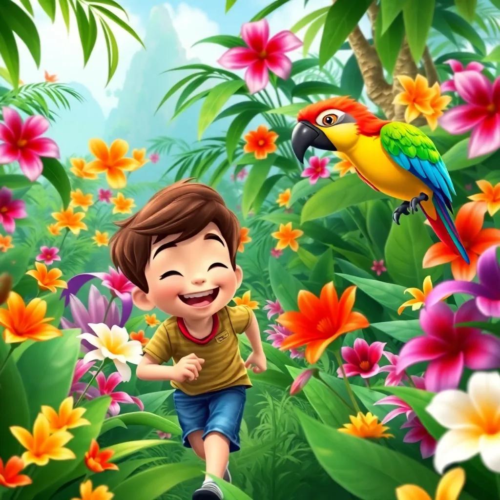 A beautiful jungle filled with vivid flowers and a colorful talking parrot, Liam, a young boy with short brown hair, laughing and running through greenery, child-friendly illustration, lively colors, adventurous theme