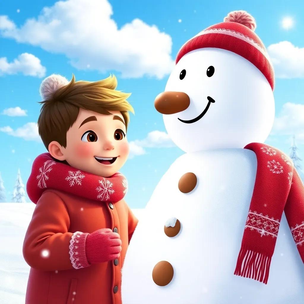 Liam, a young boy with short brown hair, bundled up in winter clothes, building a huge snowman in a snowy landscape, bright blue sky and fluffy clouds, fun and cheerful scene, child-friendly holiday cheer