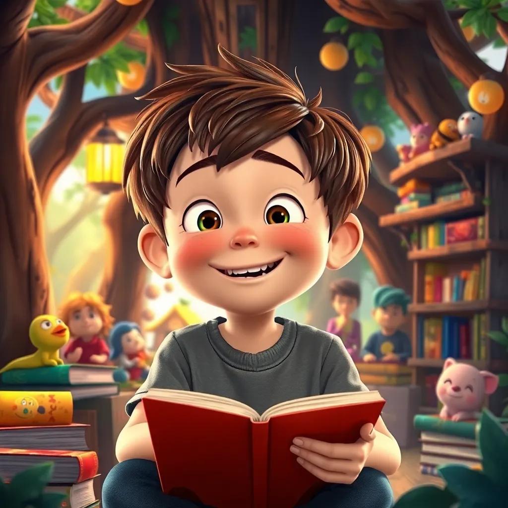 Liam, a young boy with short brown hair smiling wide, sitting in the magical treehouse with books around him, colorful characters in the background, thoughtful and imaginative atmosphere, vibrant and inviting