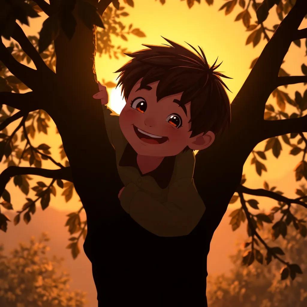 Liam, a young boy with short brown hair, joyfully climbing down the tree after a day filled with adventures, the sun setting behind him creating a silhouette, warm colors, heartwarming perspective, imaginative ending scene