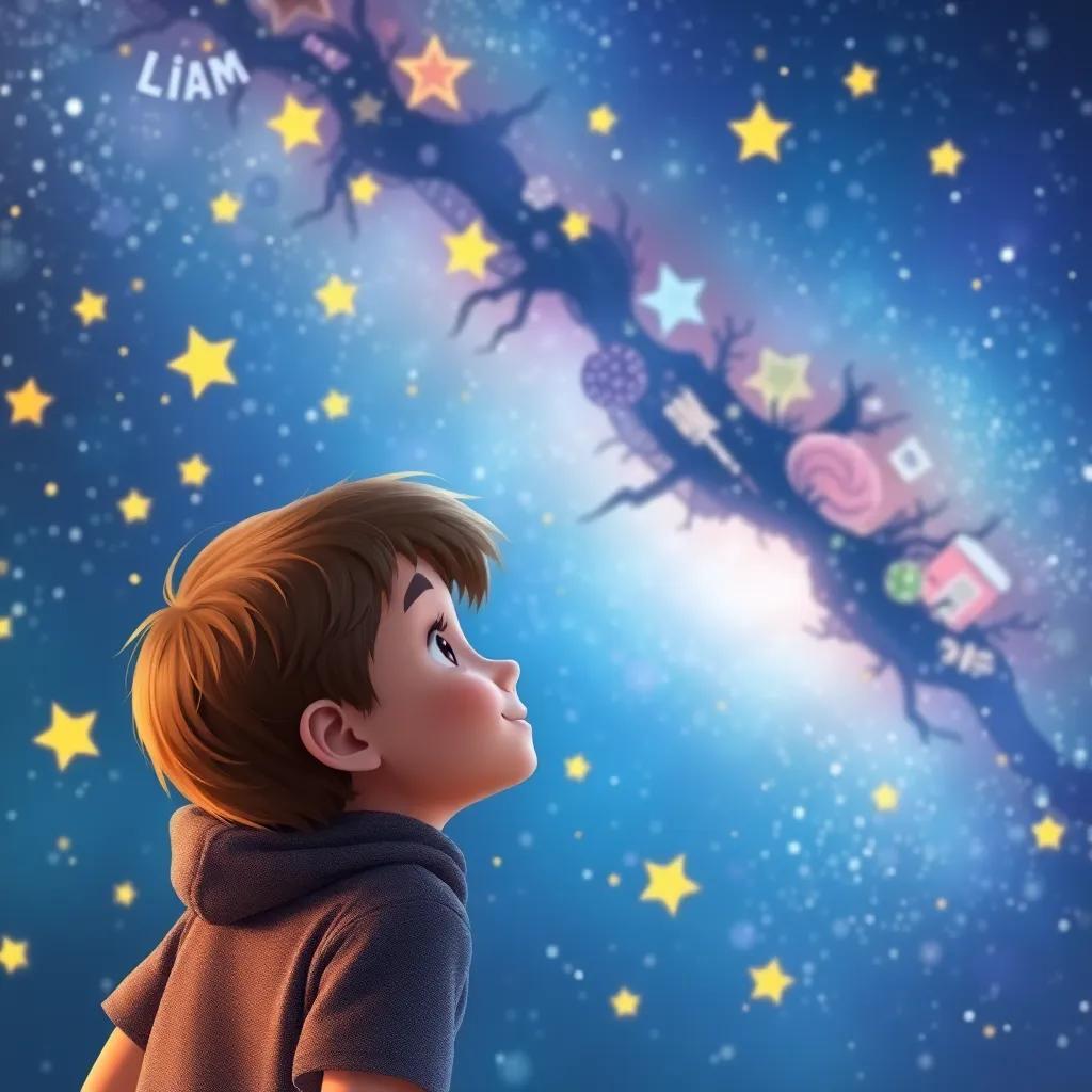 Liam, a young boy with short brown hair, dreaming with stars around him, imagining stories in the night sky, whimsical and colorful cosmos, inspiring and magical view