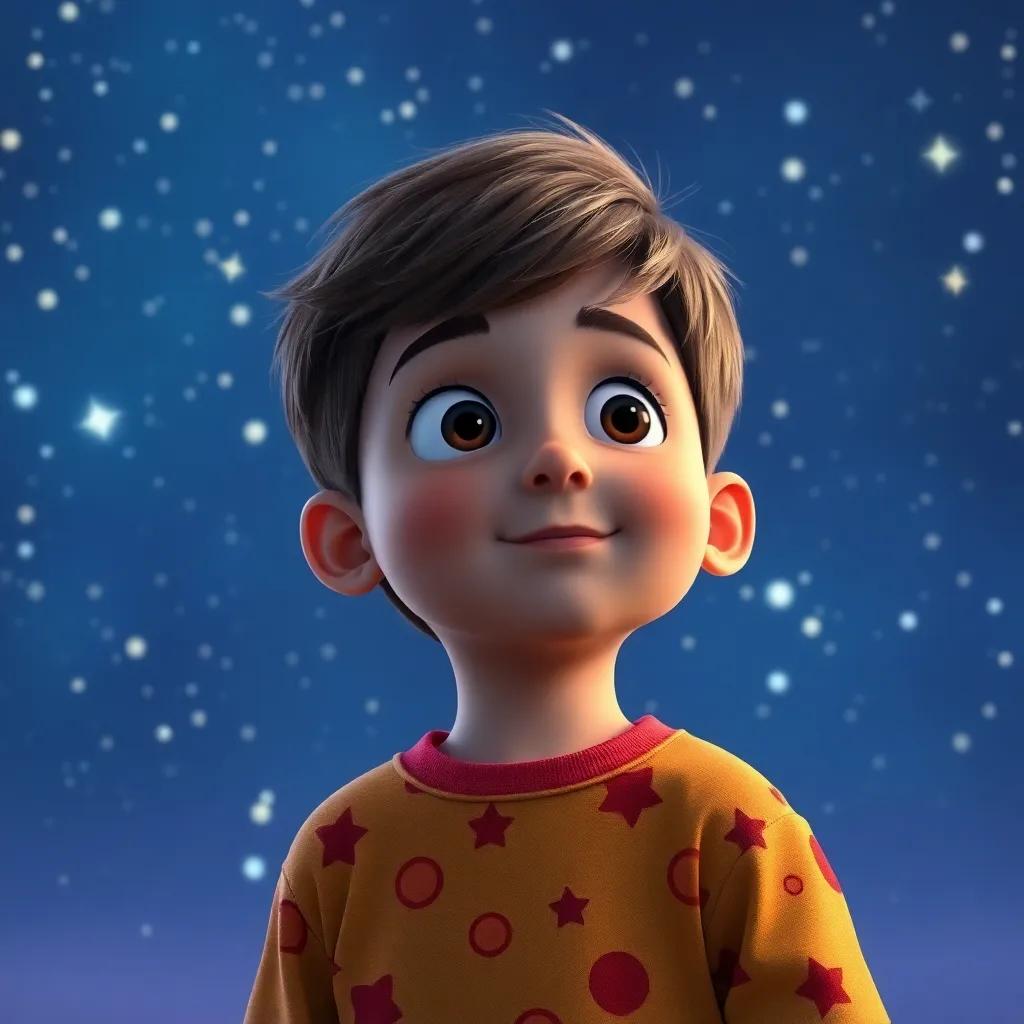 A young boy, Liam, with short brown hair and wearing bright pajamas, gazing at the starry night sky filled with twinkling stars, digital art, vibrant colors, inviting atmosphere, high quality