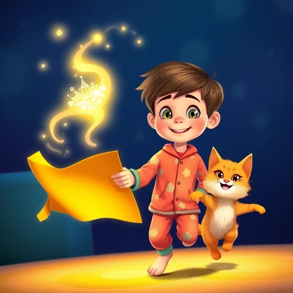 Liam, a young boy in bright pajamas, holding a glowing magical map, with his fluffy orange cat, Whiskers, jumping beside him with a cheeky grin, colorful, whimsical, high quality