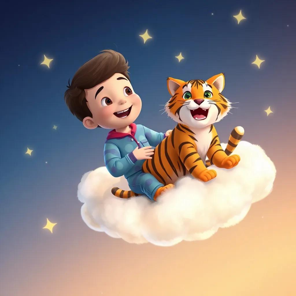 Liam, a young boy in pajamas, flying on a fluffy cloud with his cat, Whiskers, who is pretending to be a fierce tiger, surrounded by sparkling stars, digital art, cheerful, adventure-themed, high quality