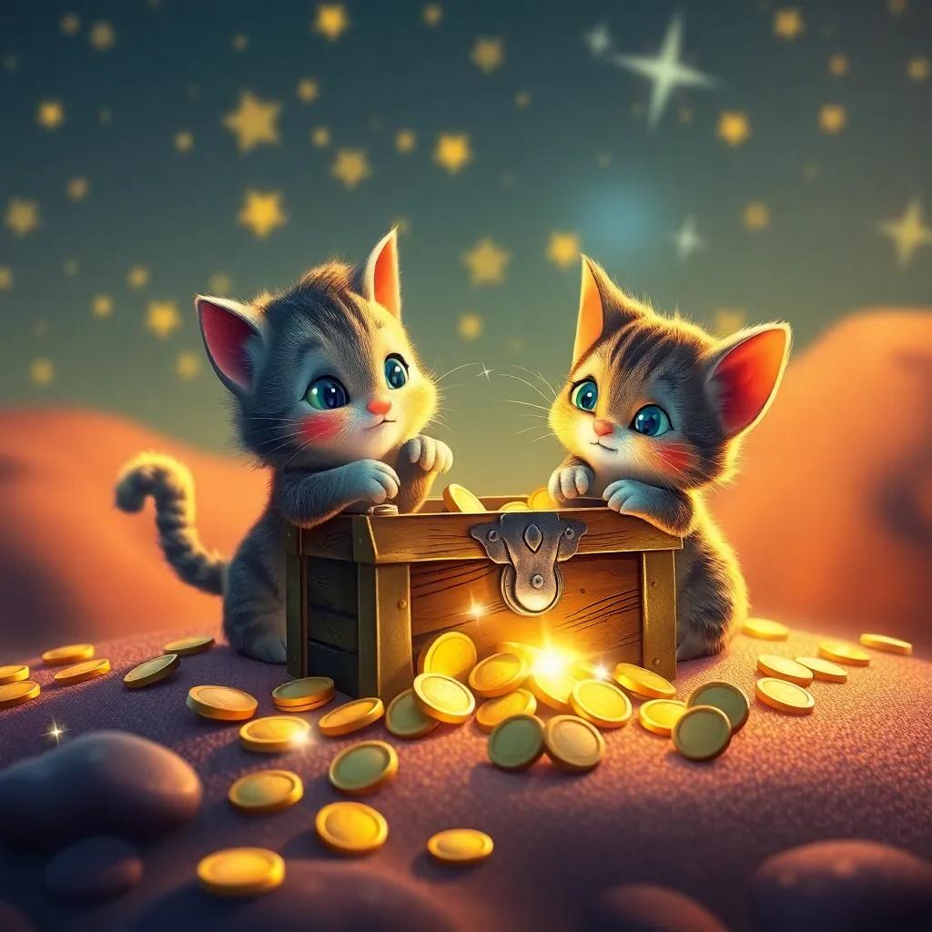 On Twinkle Star, Liam and Whiskers discover a small treasure chest filled with sparkling coins that glitter like stars, colorful, warm light, storybook style, high quality