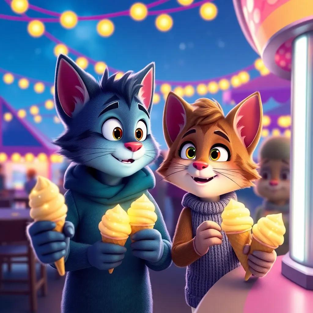 Liam and Whiskers at the Silver Comet, finding glowing ice cream cones, with Whiskers having sparkles on his face, whimsical, colorful, joyful atmosphere, high quality
