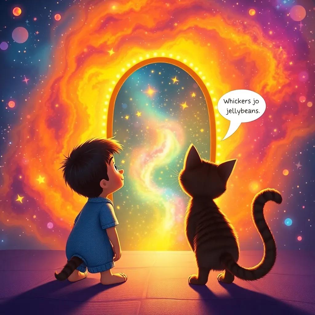 Liam and Whiskers at the Dreamy Nebula staring at the door made of stars, Whiskers joking about jellybeans, colorful, fantasy, magical vibe, high quality