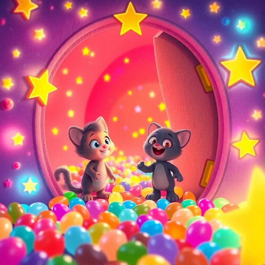 Inside the starry door, Liam and Whiskers find a room full of shimmering jellybeans, with colorful lights glowing around them, cheerful, vibrant colors, fantasy scene, high quality